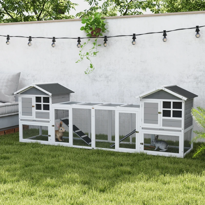 PawHut 2 in 1 Rabbit Hutch Outdoor Guinea Pig Hutch Bunny Run Double Main House with Run, No-Leak Tray 259 x 64 x 92cm, Grey