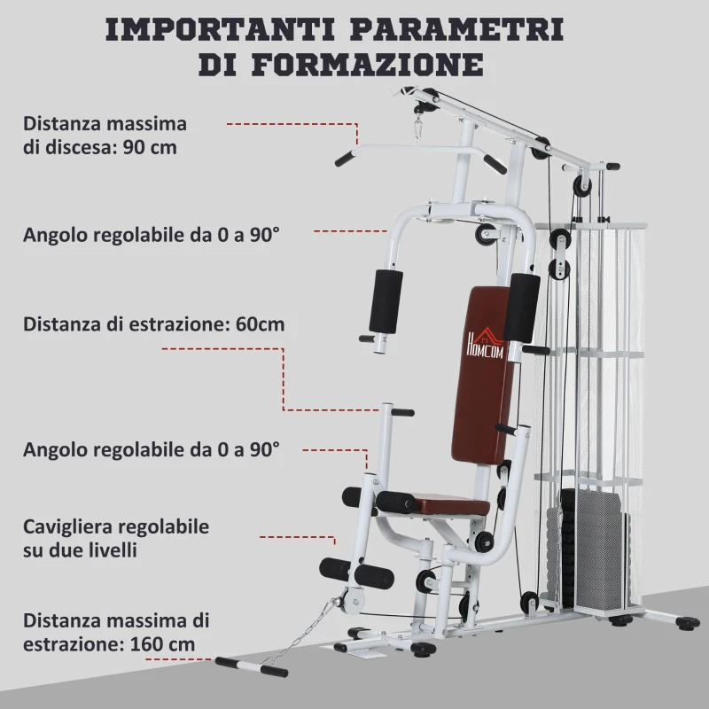HOMCOM Stazione Fitness Multifunzione per Casa e Palestra con 4 Imbottiture, in Acciaio e PU, 150x110x210 cm, Bianco