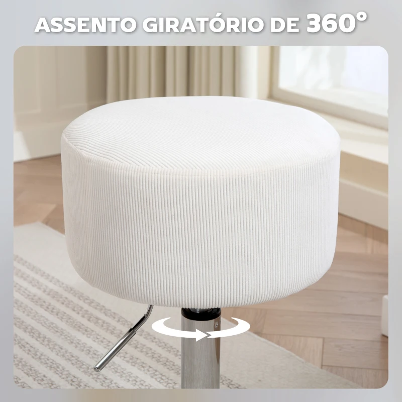 HOMCOM Banco de Bar Banco Alta de Cozinha Ajustável em Altura 52-66 cm Estofado em Veludo Giratória a 360° Branco