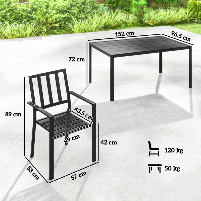 Outsunny Seven-Piece Minimal Metal Garden Dining Set, with Parasol Hole - Black