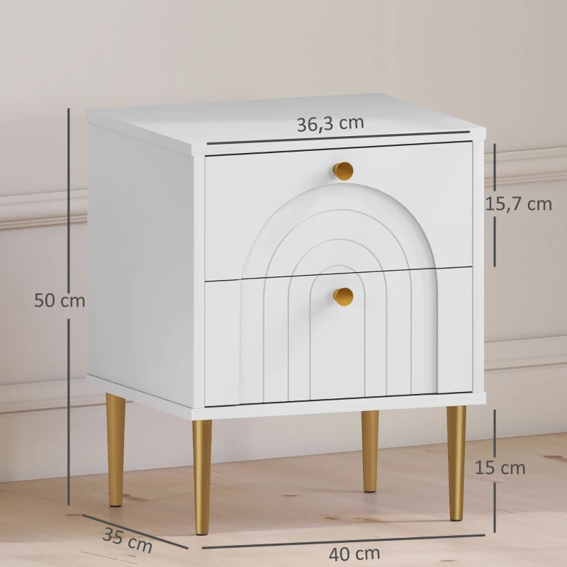 HOMCOM Pack de 2 Mesillas de Noche Dormitorio con 2 Cajones y Patas de Acero Estilo Moderno 40x35x50 cm Blanco