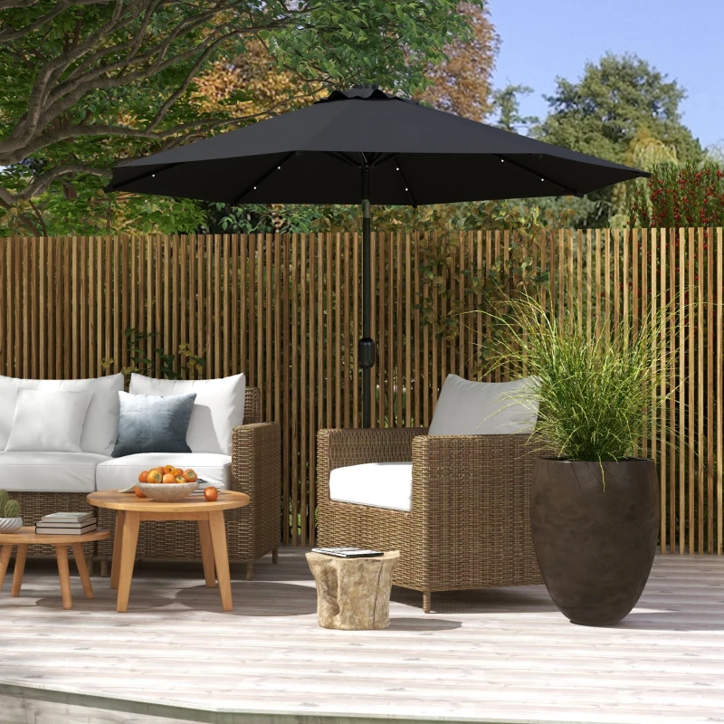 Outsunny 2.7m Outdoor Patio Garden Umbrella Parasol with Tilt Crank and 24 LEDs Lights, Black