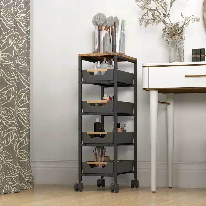 HOMCOM Carro de Cocina de 5 Niveles Carrito Auxiliar con Ruedas Tablero Efecto Madera Cajones Extraíbles 39,5x24x82 cm Negro