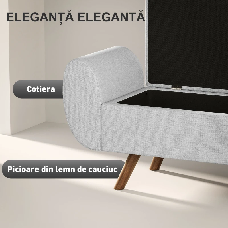HOMCOM Bancă cu Spațiu de Depozitare cu Cotiere din Țesătură și Lemn 132x42x50 cm Gri