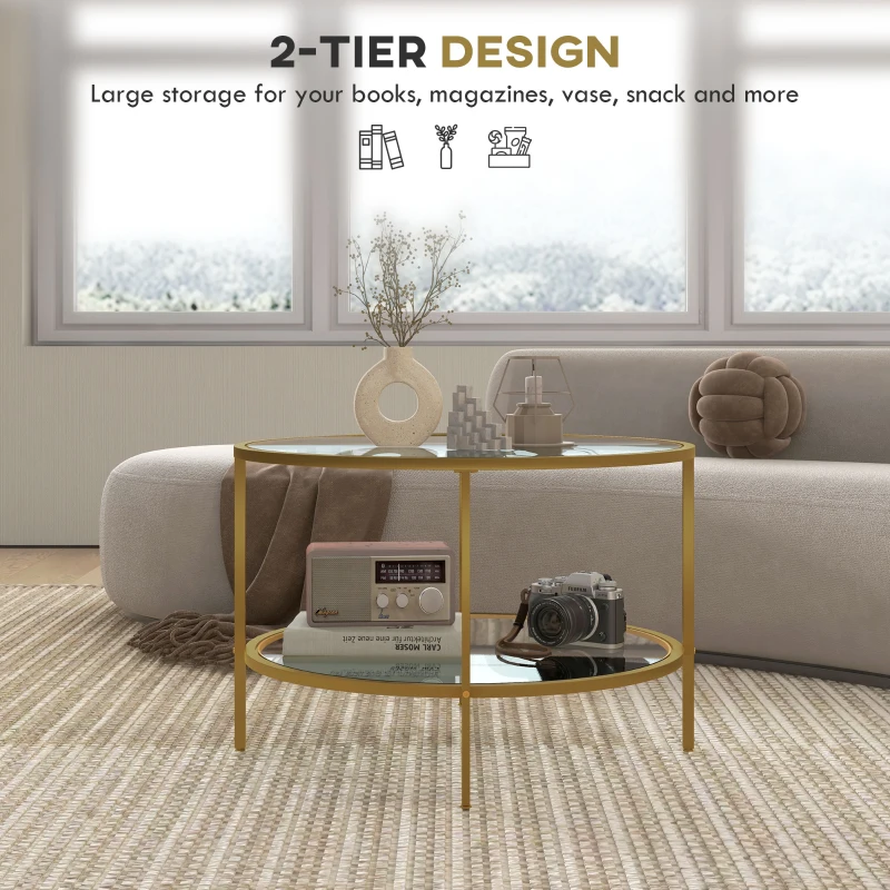 HOMCOM Round Coffee Table with Storage, 2-Tier Tempered Glass Coffee Table with Steel Frame for Living Room, Gold Tone