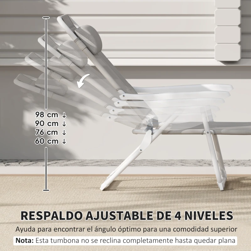 Outsunny Tumbona Plegable con Respaldo Ajustable Reposacabezas y Estructura de Metal 160x66x98 cm Gris y Blanco
