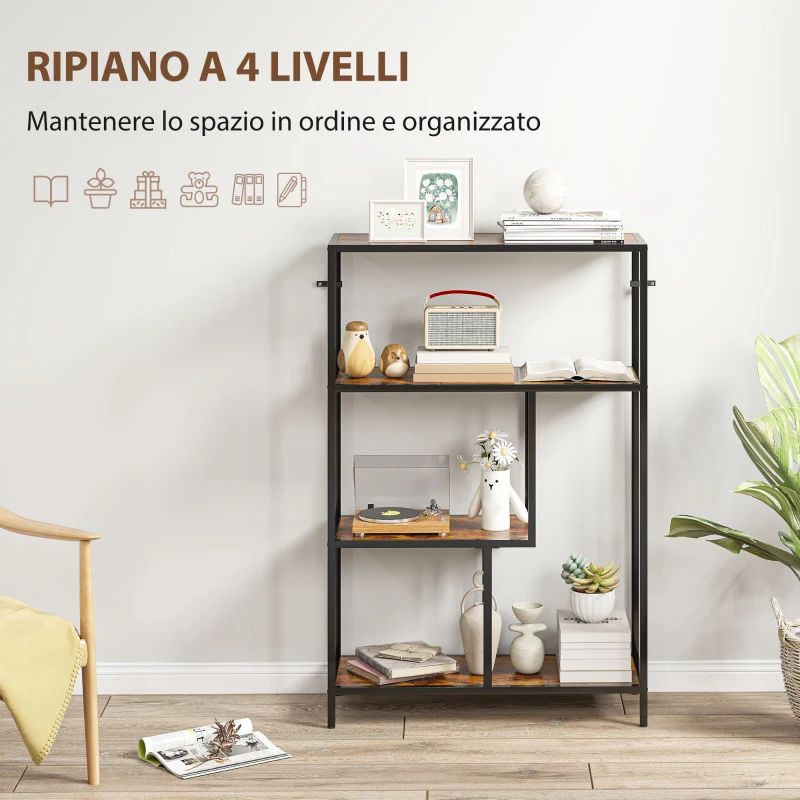 HOMCOM Mobile Libreria a 4 Ripiani Stile Industriale in Legno e Metallo, 77x30x116 cm, Marrone Rustico