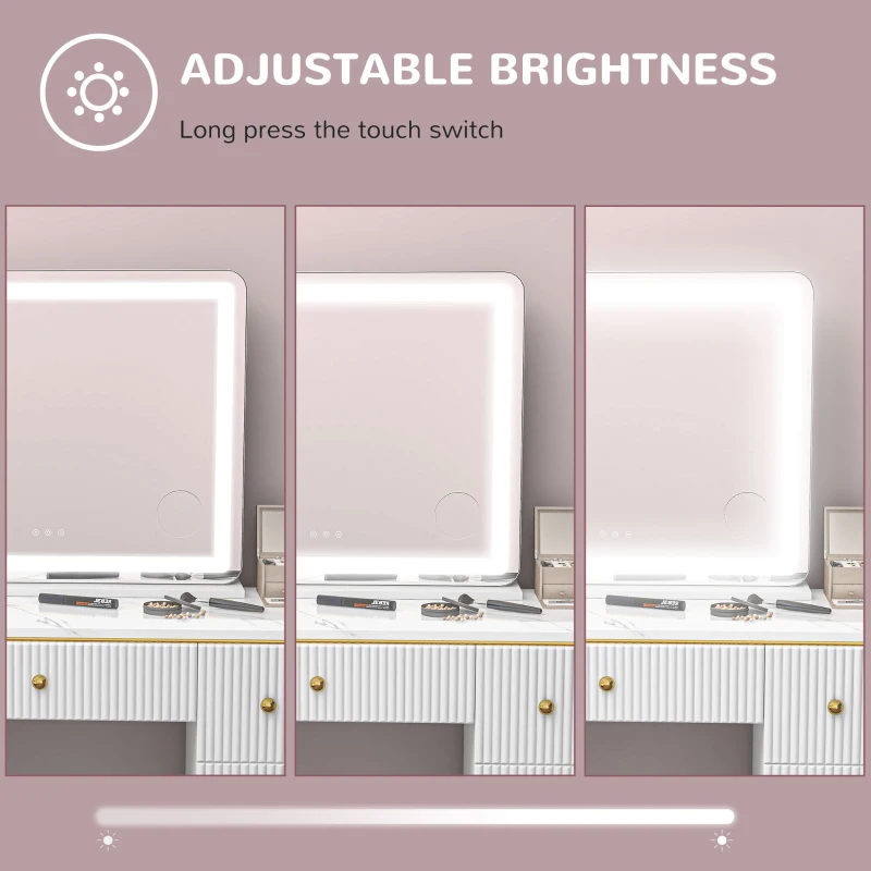 HOMCOM Oglindă de Machiaj cu Lumini LED în 3 Culori, Oglindă de Perete și Masă cu USB, 80x62x14 cm, Alb