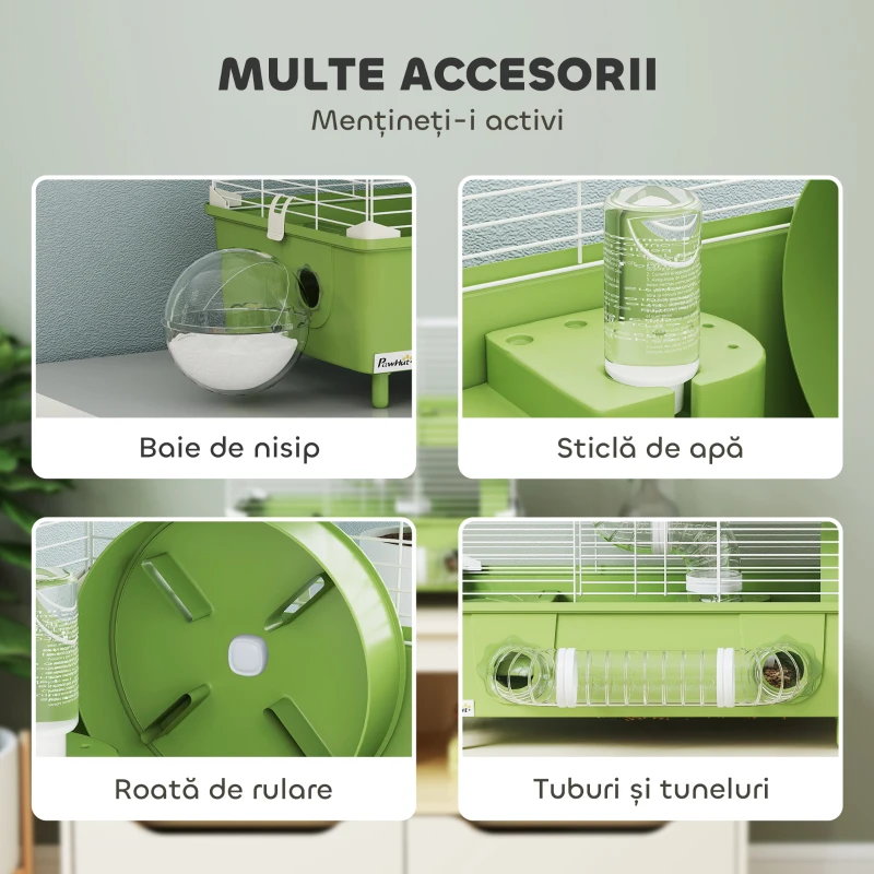 PawHut Cușcă pentru Hamsteri cu 2 Nivele și 3 Uși cu Roată și Tuburi, din Oțel, PS și PP, 44.5x28x44 cm, Verde și Alb