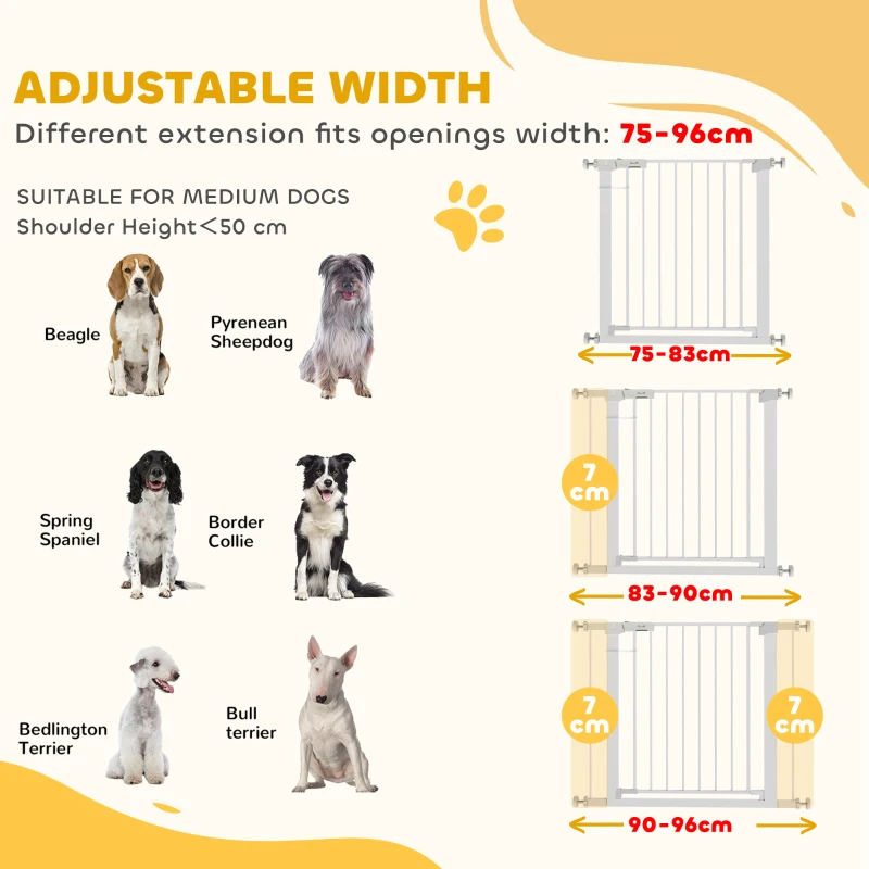 PawHut Deurhek, montage zonder boren, verstelbare breedte 75-96 cm, met één hand te openen, metaal, wit, 76 cm hoog