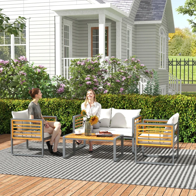 Outsunny 4-teiliges Gartenmöbel-Set, 2 Sessel, 1 Sofa, 1 Kaffeetisch, Sitzkissen, Akazienholz, Stahlgestell, Grau+Beige