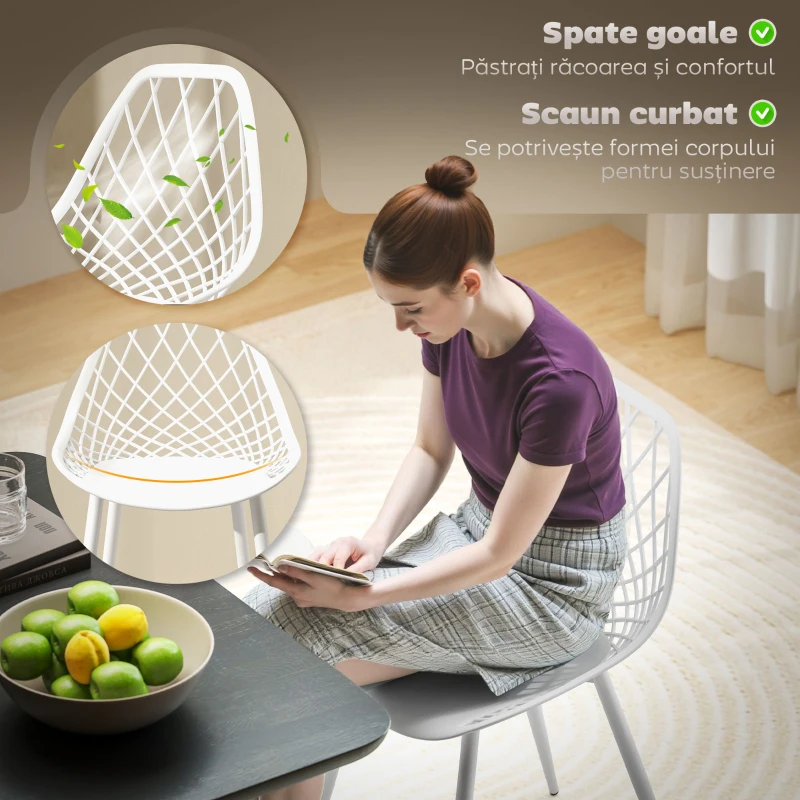 HOMCOM Set 4 Scaune Moderne cu Spătar Perforat din Plastic și Metal Alb