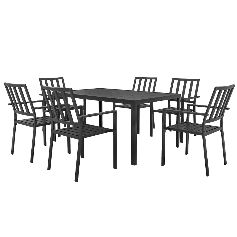 Outsunny Seven-Piece Minimal Metal Garden Dining Set, with Parasol Hole - Black
