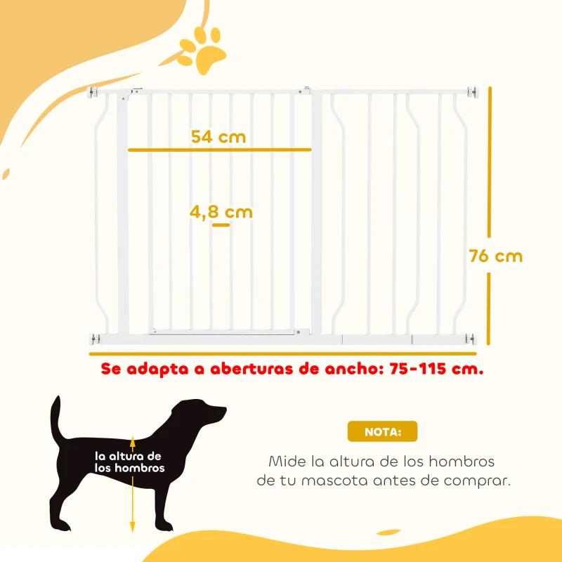 PawHut Barrera de Seguridad para Perros Extensible 75-115 cm para Puertas y Escaleras Puerta de Seguridad para Mascotas con Extensiones Montaje a Presión y Doble Bloqueo Blanco