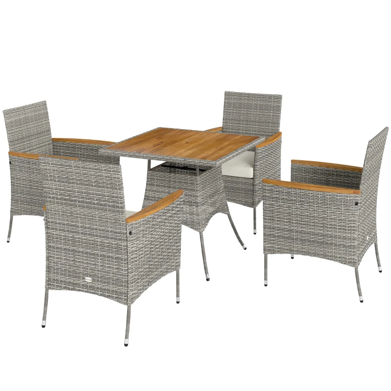 Outsunny Five-Piece Rattan Set, with Wood-Top Table - Teak