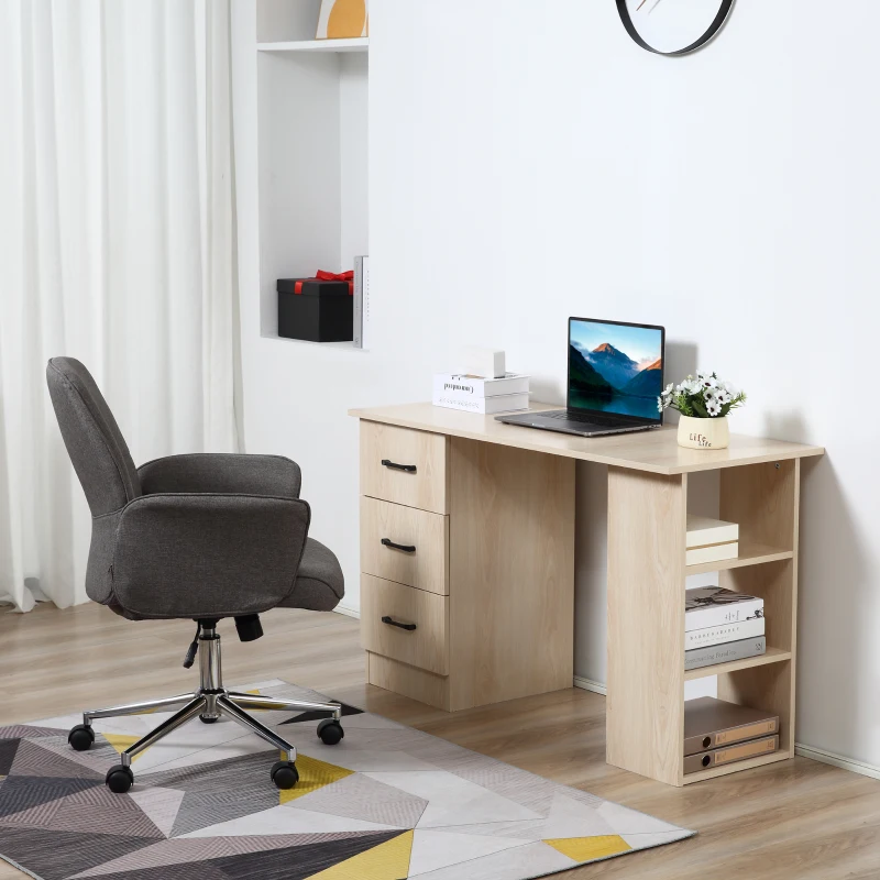 HOMCOM Bureau 120 x 50 cm avec étagères et tiroirs, pour petit espace, bureau à domicile, chambre à coucher, couleur bois