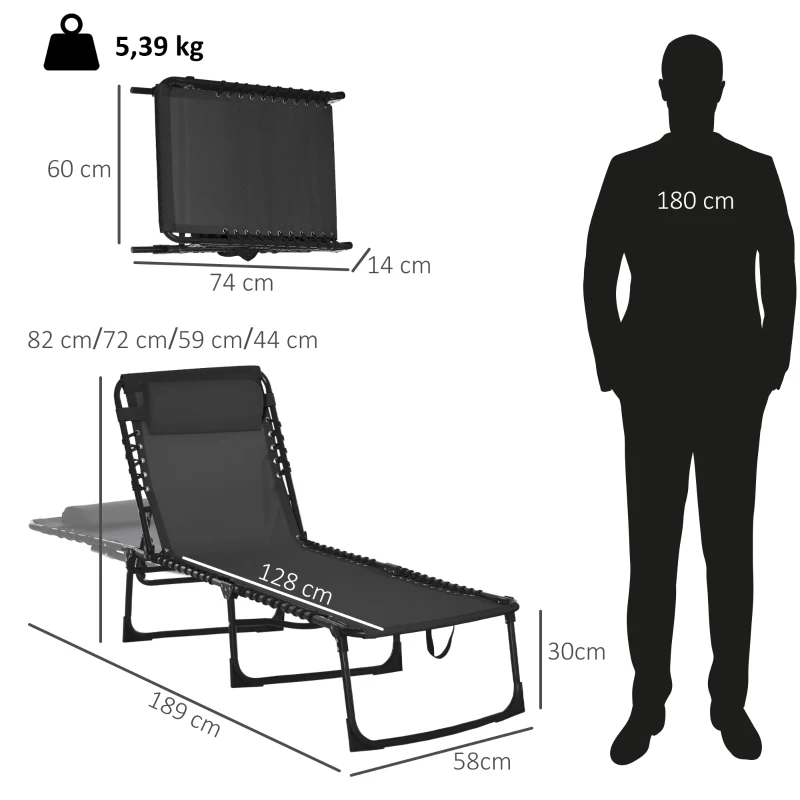 Outsunny Tumbona Plegable Ajustable de 4 Posiciones con Sistema de Cordones para Exterior Marco Acero 189x58x30 cm Negro
