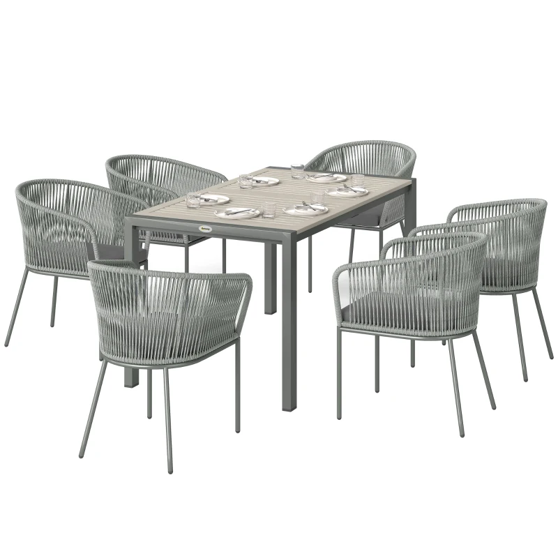 Outsunny Rattan Dining Set, 6 Seater Rattan Garden Furniture Set with Acacia Wood Top Rectangle Table, 6 Chairs, Washable Seat Cushions, for Outdoor, Patio, Conservatory, Grey