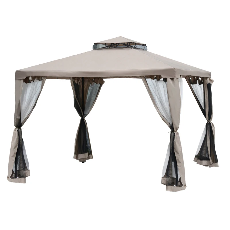 Outsunny 3 x 3m Metal Gazebo Garden Outdoor Marquee Party Tent Canopy Pavillion Patio Shelter with Mesh Sidewalls Taupe 2.95m Pavilion 2-tier Roof w/ Netting(m-14)