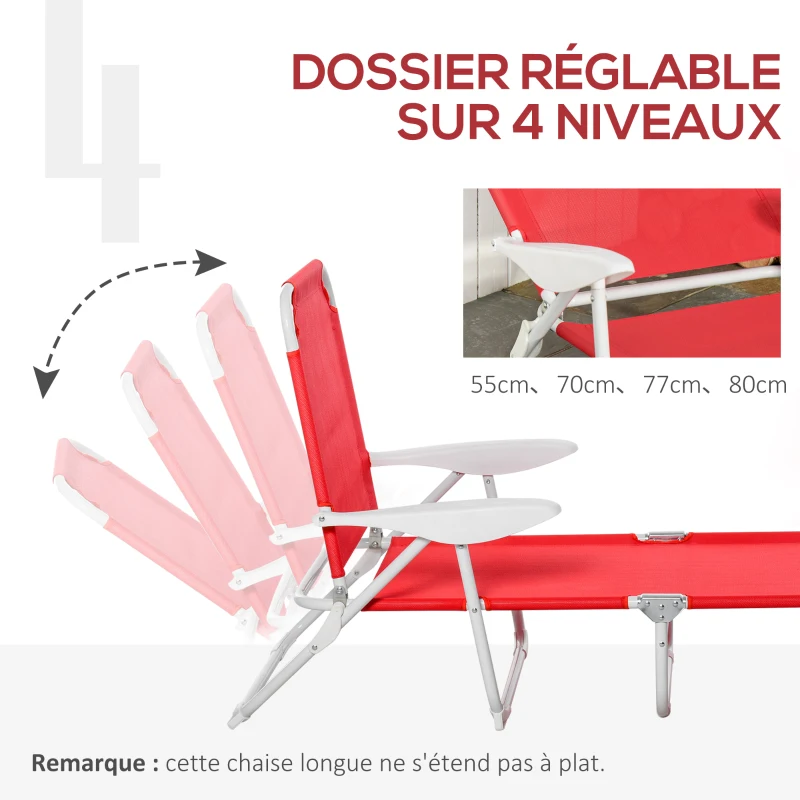 Outsunny Bain de Soleil Pliable - transat inclinable 4 Positions - Chaise Longue Grand Confort avec accoudoirs - métal époxy textilène - dim. 186L x 66l x 80H cm - Rouge