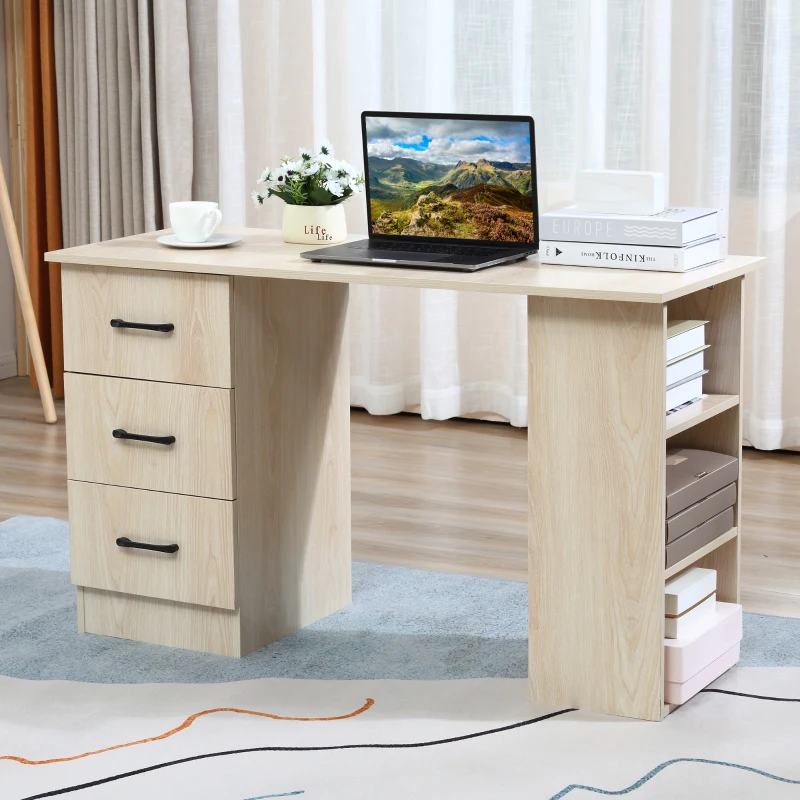 HOMCOM Bureau 120 x 50 cm avec étagères et tiroirs, pour petit espace, bureau à domicile, chambre à coucher, couleur bois
