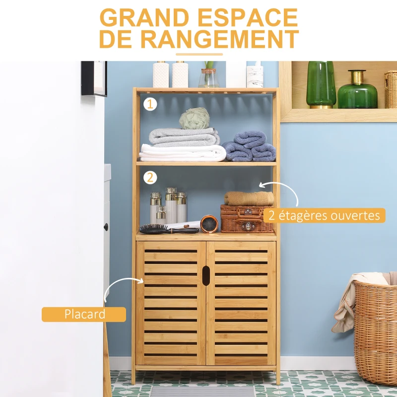 kleankin Meuble salle de bain en bambou, armoire salle de bain sur pied, 2 étagères ouvertes et double porte à lattes, naturel