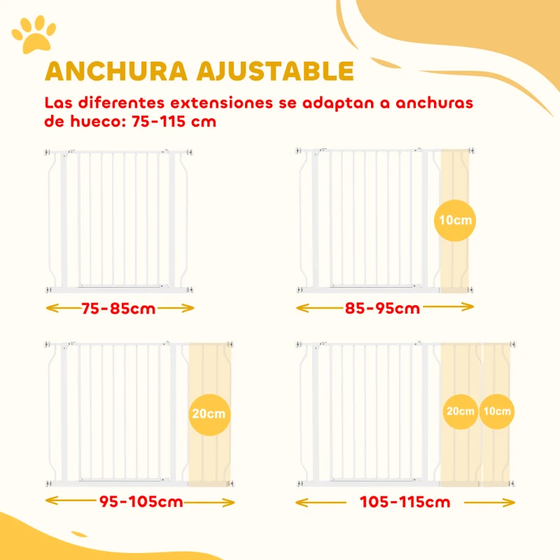 PawHut Barrera de Seguridad para Perros Extensible 75-115 cm para Puertas y Escaleras Puerta de Seguridad para Mascotas con Extensiones Montaje a Presión y Doble Bloqueo Blanco