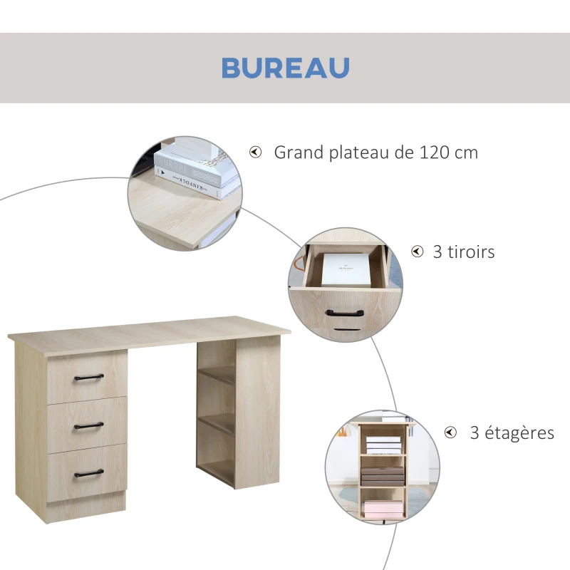 HOMCOM Bureau 120 x 50 cm avec étagères et tiroirs, pour petit espace, bureau à domicile, chambre à coucher, couleur bois