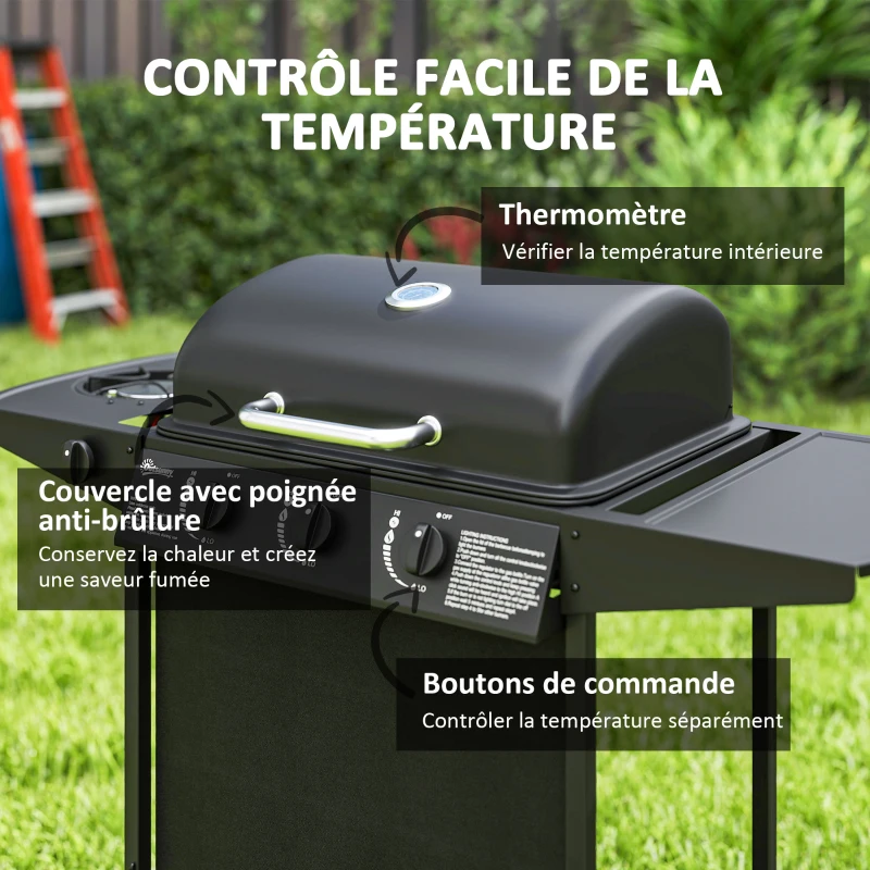 Outsunny Barbecue gaz 3+1 brûleurs en acier, puissance 9,5 kW, barbecue de jardin table latérale, 108 x 54 x 97 cm, noir