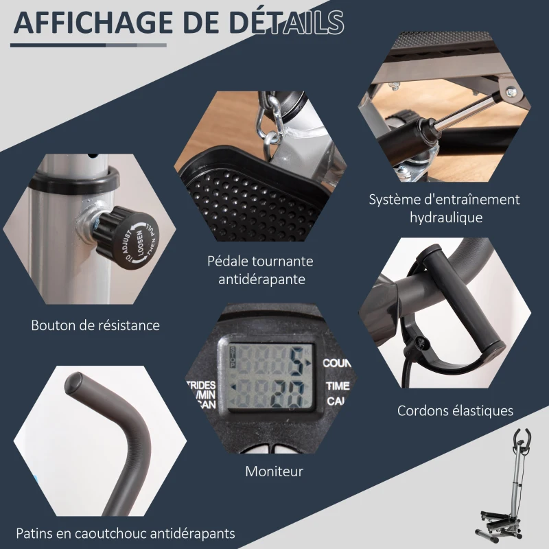 HOMCOM Stepper avec guidon réglable en hauteur, écran LCD, pour appartement, bureau, salon, salle de sport, argent et noir