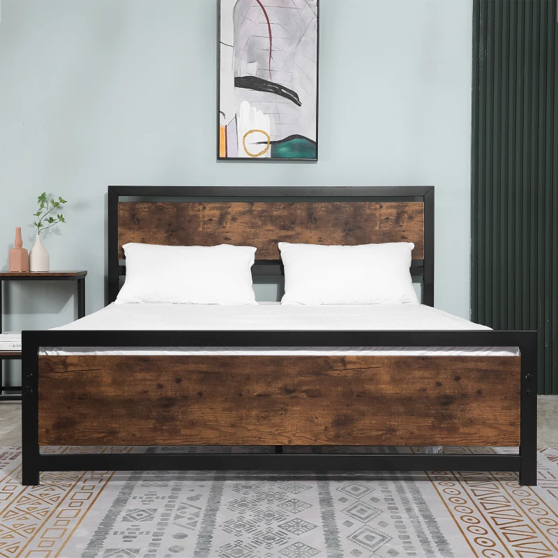 HOMCOM King Size Metal Bed Frame with Headboard & Footboard, Strong Slat Support Full Bed Frame w/ Underbed Storage Space, Bedroom Furniture For Adults
