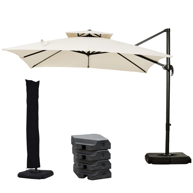 Outsunny Umbrelă de Grădină 2.7x2.7 m Reglabilă cu Bază și Husă Bej