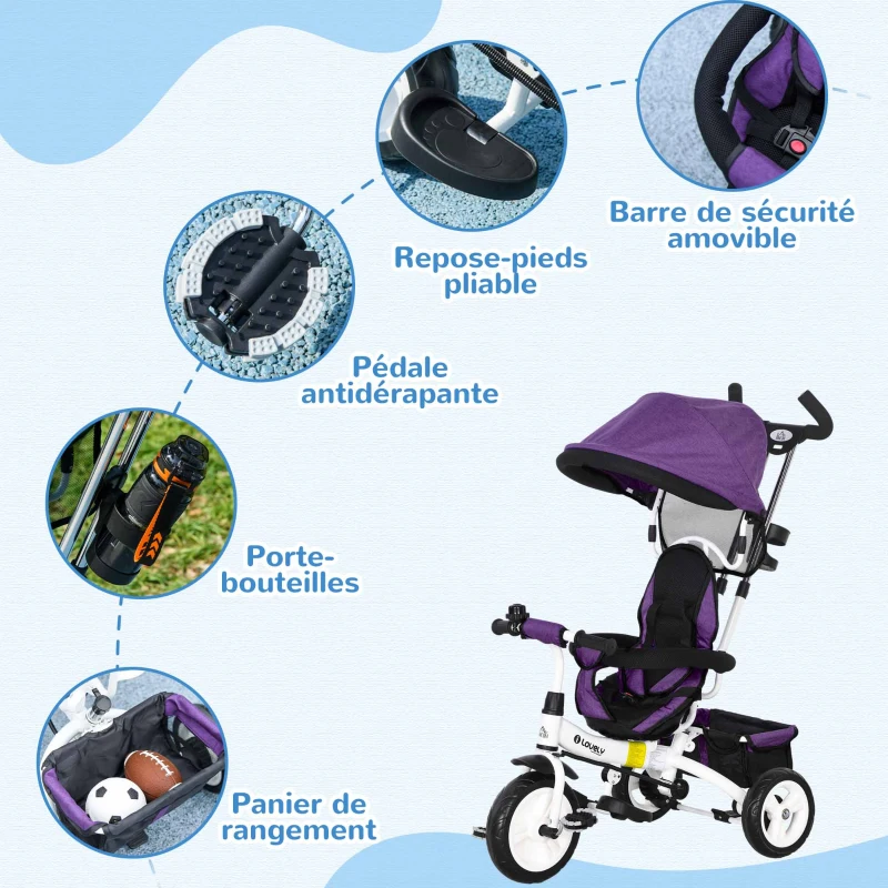 HOMCOM Tricycle enfant évolutif pare-soleil pliable canne télescopique amovible 95 x 50 x 106 cm acier violet blanc