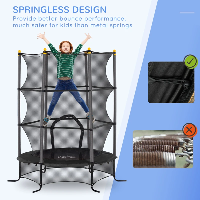 HOMCOM Trampoline voor Kinderen, Ø163 cm, met Veiligheidsnet, Voor Binnen en Buiten, Belasting tot 50 kg, Staal, Kunststof, Zwart