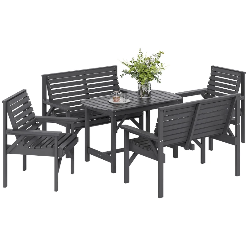 Outsunny 5 Piece Wooden Garden Dining Set for 6, Outdoor Conversation Set with 2 Armchairs, 2 Loveseats and Dining Table with Umbrella Hole for Patio, Balcony, Grey
