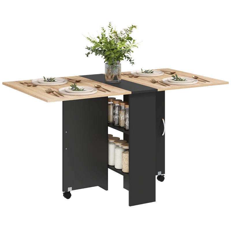 HOMCOM Mesa de Cocina Plegable con Ruedas 2 Estantes de Almacenaje y 2 Alas Abatibles Estilo Moderno 75x140x74 cm Natural