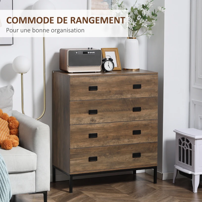 HOMCOM Commode 4 tiroirs meuble de rangement design industriel piètement métal noir 80 x 39 x 95 cm
