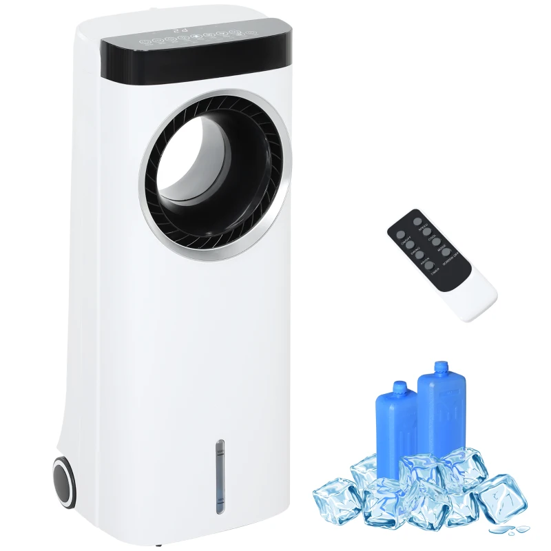 HOMCOM Evaporative Air Cooler, 6.5L 4-in-1 Bladeless Portable Cooler, Fan, Humidifier, Air Clean Anion with Oscillation, 6 Speeds, 24H Timer, Sleep Mode, 2 Ice Packs, Wheels, Remote, for Home Office