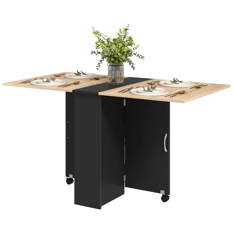 HOMCOM Mesa de Cozinha Dobrável Mesa de Madeira com 2 Prateleiras de Armazenamento e Rodas 75x140x74 cm Preto e Madeira