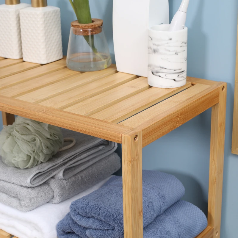 kleankin Meuble salle de bain en bambou, armoire salle de bain sur pied, 2 étagères ouvertes et double porte à lattes, naturel