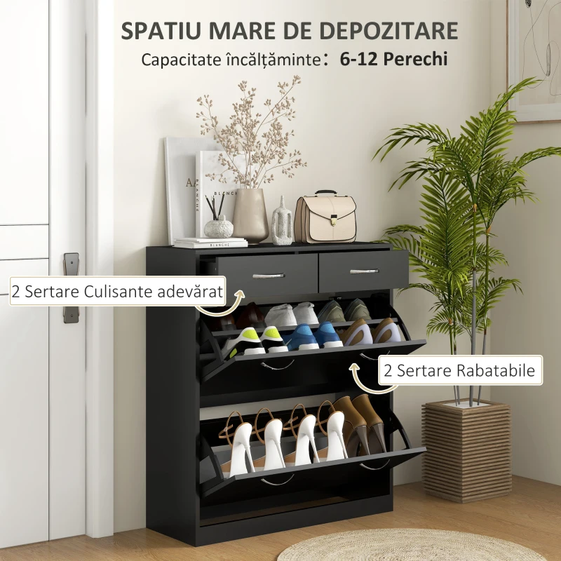 HOMCOM Dulap pentru Pantofi Modern cu 2 Rafturi Regabile și 2 Sertare din Lemn Negru