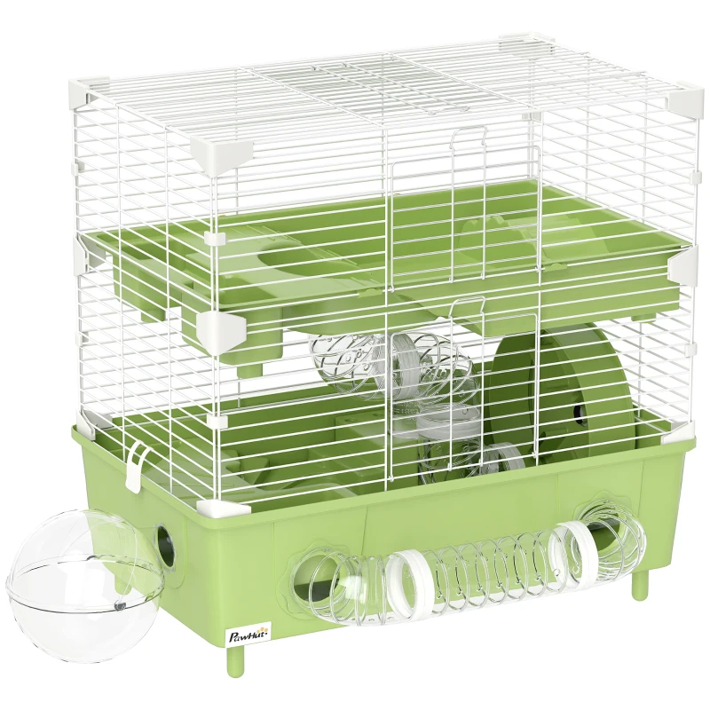 PawHut Cușcă pentru Hamsteri cu 2 Nivele și 3 Uși cu Roată și Tuburi, din Oțel, PS și PP, 44.5x28x44 cm, Verde și Alb