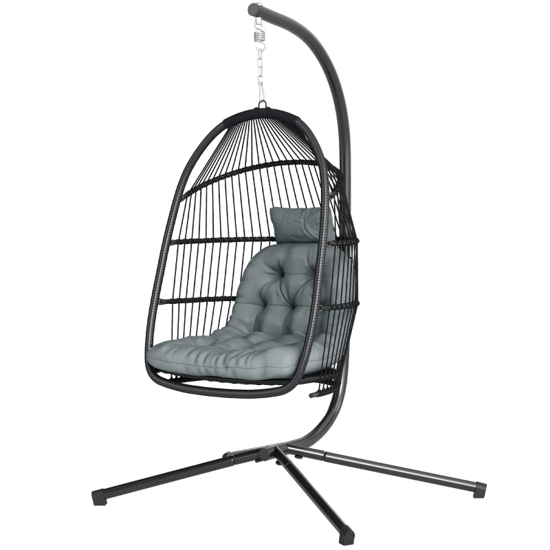 Outsunny Rattan Hanging Egg Chair with Stand, Foldable Wicker Swing Egg Chair with Cushion, Head Pillow, Steel Frame, Hammock Chair for Indoor Outdoor, Capacity 150 kg, Dark Grey