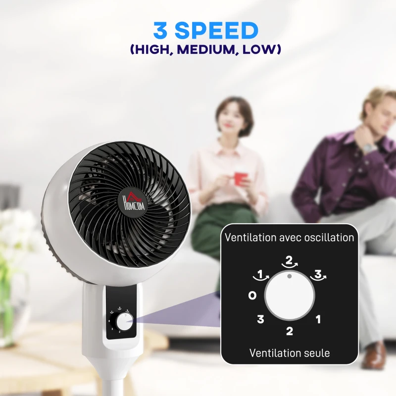HOMCOM Ventilateur sur pied 45 W ventilateur circulateur d'air 3 niveaux, oscillation réglable à 70°, noir et blanc