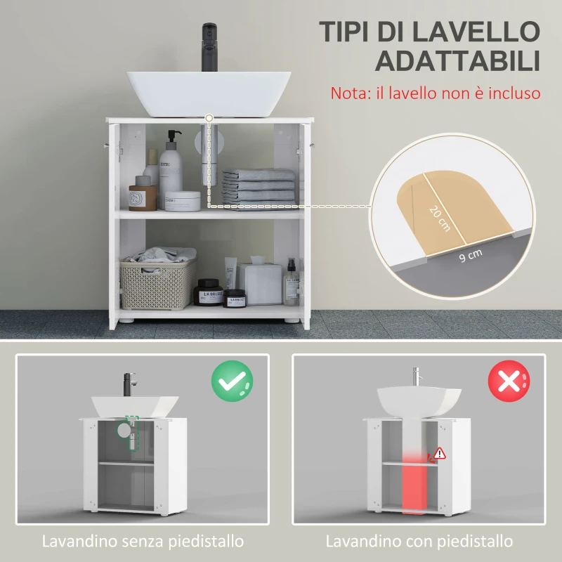 kleankin Mobile Sottolavabo per Bagno a 2 Ante, Armadietto Salvaspazio per Lavandino in Legno con Mensola Regolabile, Bianco Lucido
