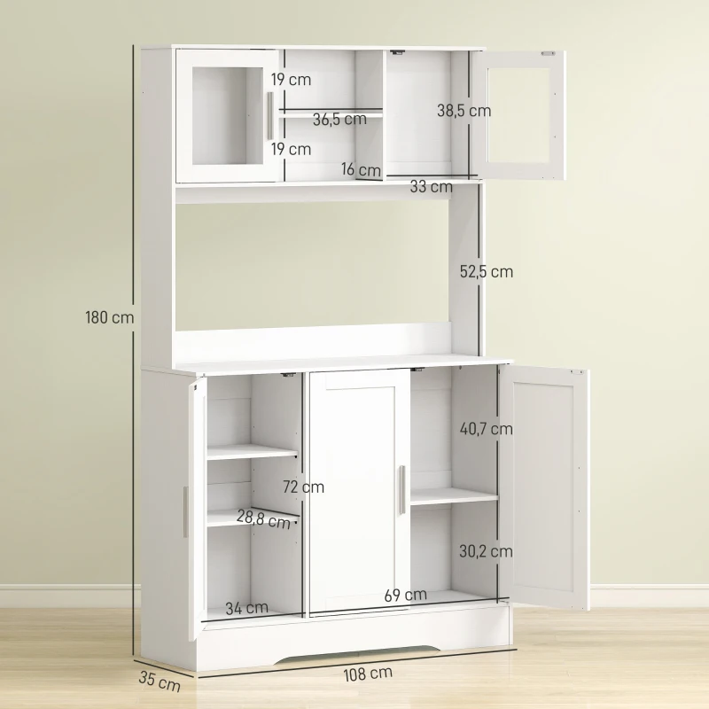 HOMCOM Keukenkast, Scandinavisch Design, 4 Kasten, Verstelbare Planken, Glazen Deuren, Open Vak, Spaanplaat, MDF, Wit(m-3)