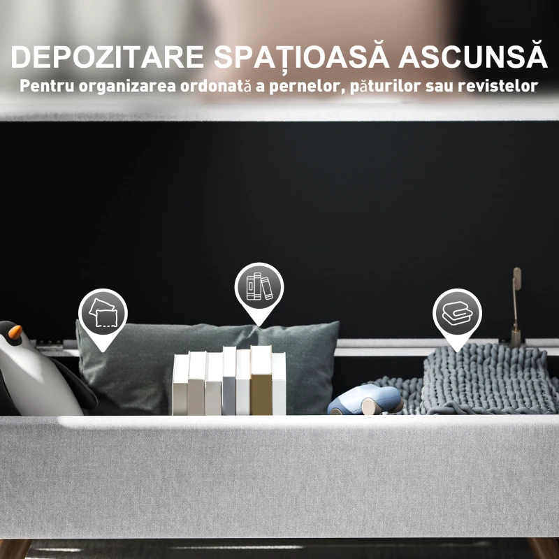 HOMCOM Bancă cu Spațiu de Depozitare cu Cotiere din Țesătură și Lemn 132x42x50 cm Gri