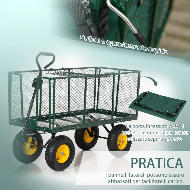 Outsunny Carrello da Giardino in Acciaio con Pareti Laterali Ribaltabili e 4 Ruote, Capienza 342L, Verde