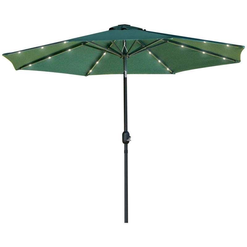 Outsunny 2.7m Patio Garden Umbrella Outdoor Parasol with Tilt Crank and 24 LEDs Lights (Green)