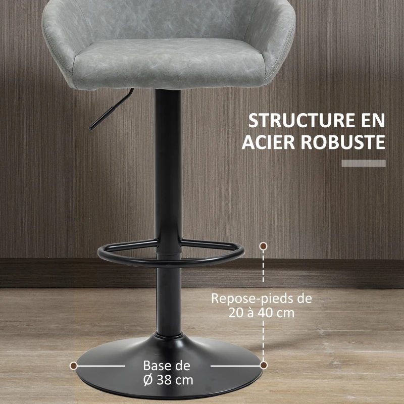 HOMCOM Lot de 2 tabourets de bar avec dossier et repose-pieds, réglable en hauteur et pivotante à 360°, gris